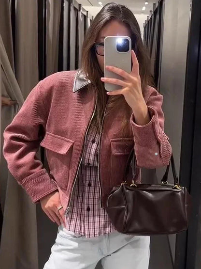 Women’s Cropped Textured Bomber Jacket with Zip Front and Sleeve Details