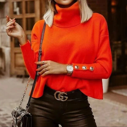 Women’s Ribbed High-Neck Knit Sweater with Decorative Sleeve Buttons