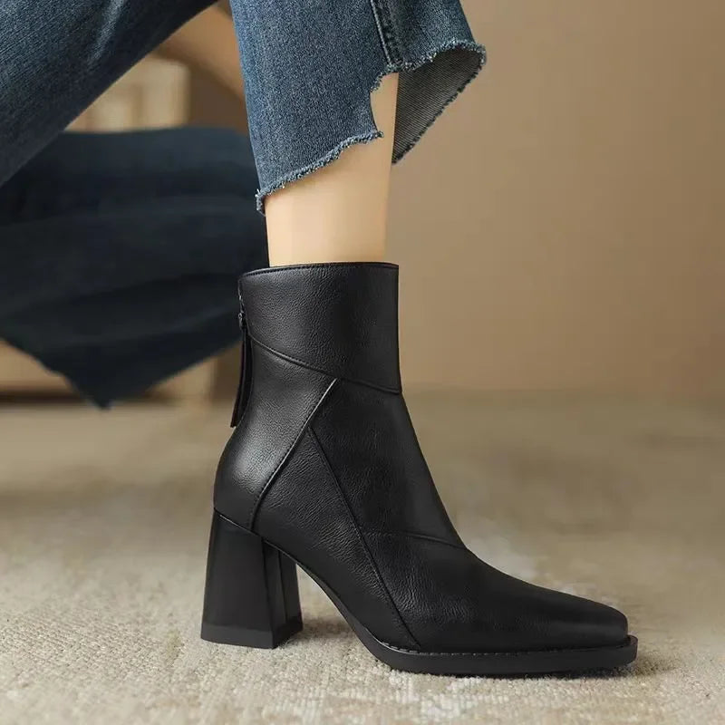 Women’s Leather-Look Ankle Boots with Side Zip and Block Heel