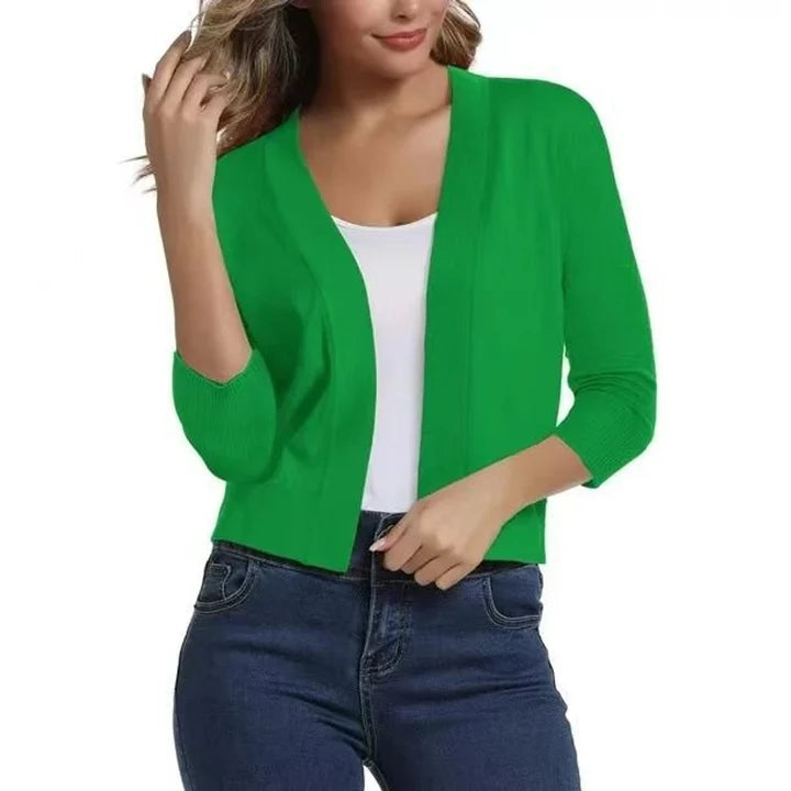 Women’s Cropped Open-Front Cardigan with Relaxed Fit and 3/4 Sleeves