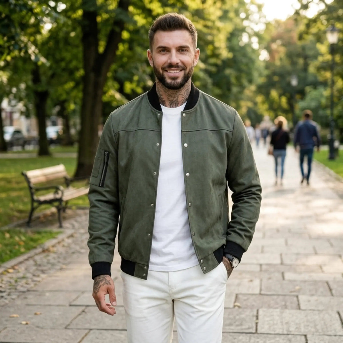 Men’s Suede-Texture Stand Collar Button-Up Jacket