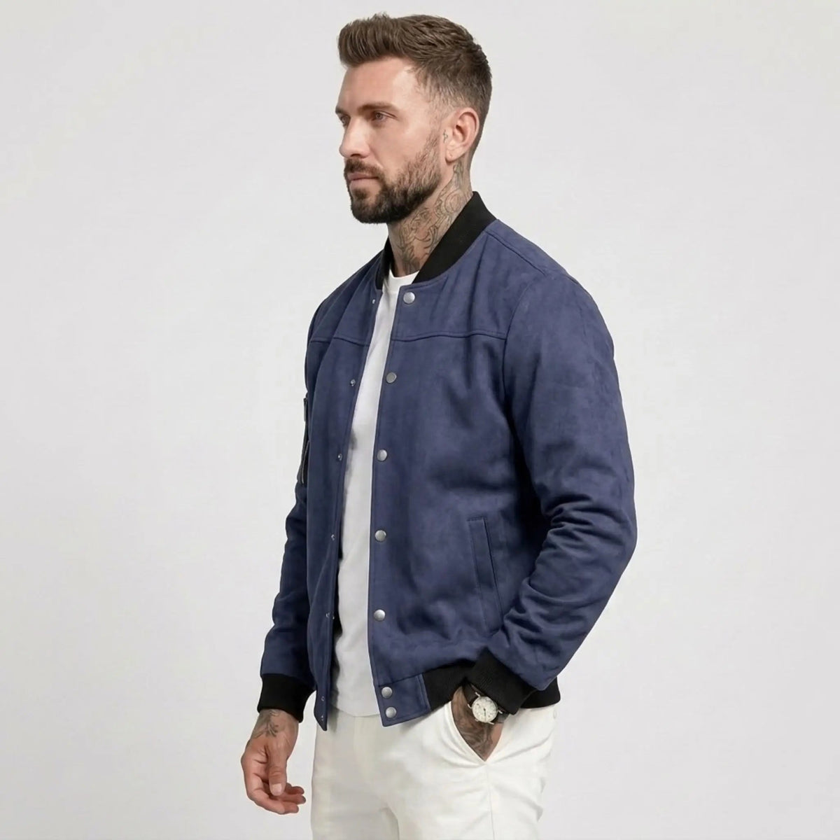Men’s Suede-Texture Stand Collar Button-Up Jacket