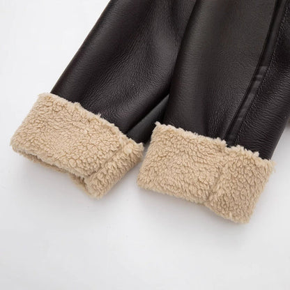 Women’s Faux Shearling Trim Jacket with Leather-Finish Exterior