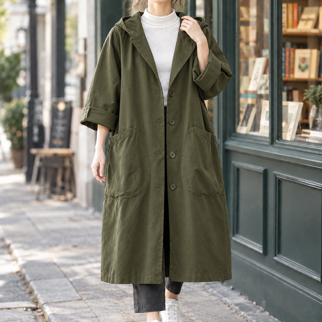 Women’s Relaxed Longline Hooded Coat with Oversized Pockets