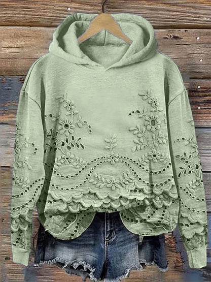 Women’s Floral Eyelet Scalloped Hem Pullover Hoodie