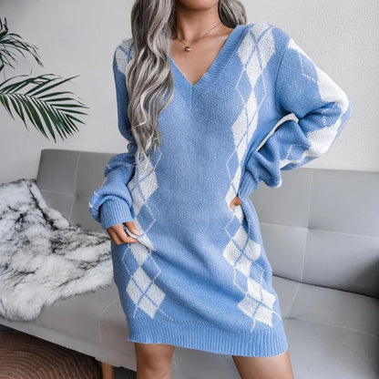 Women's Printed V-Neck Knit Mini Sweater Dress with Long Sleeves