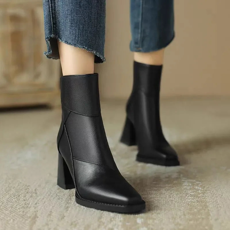 Women’s Leather-Look Ankle Boots with Side Zip and Block Heel