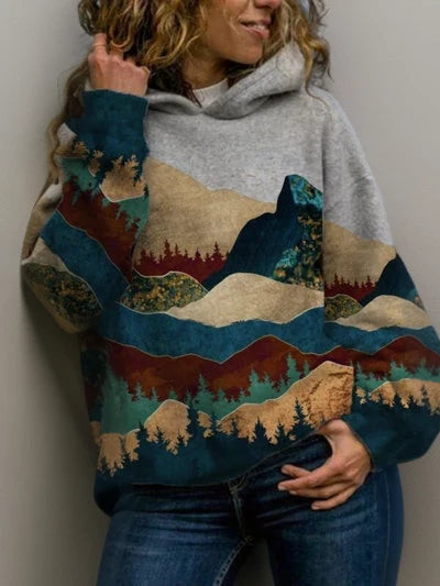 Women’s Oversized Mountain Landscape Printed Pullover Hoodie