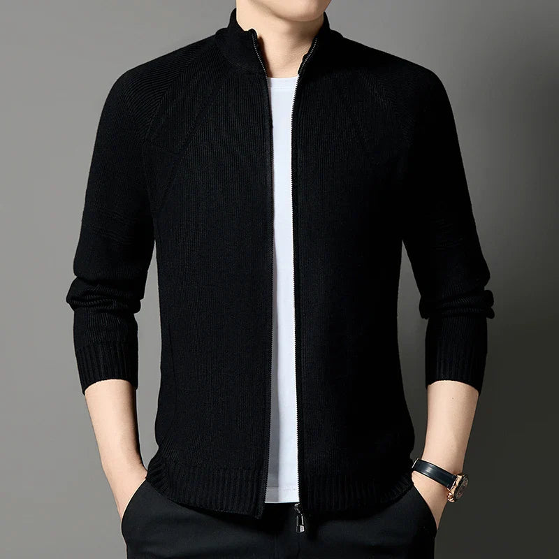 Men’s Wool-Blend Stand Collar Full-Zip Knit Cardigan