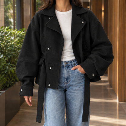 Cropped Belted Moto-Inspired Jacket with Flap Pockets