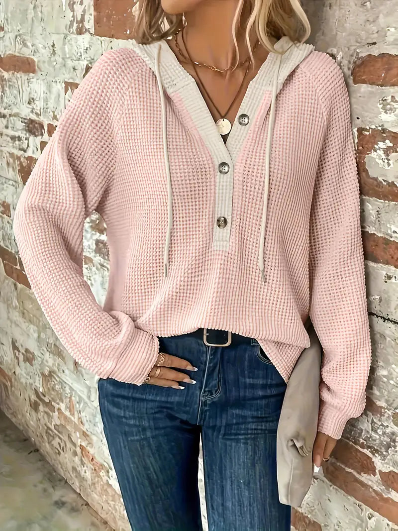 Women’s Waffle Knit Hooded Button-Front Long Sleeve Top