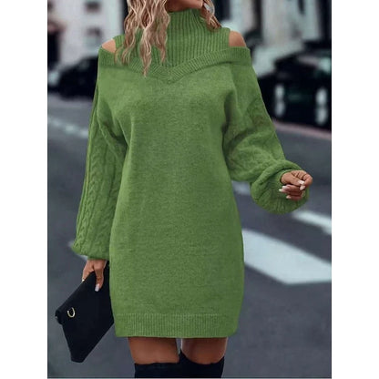 Women's Turtleneck Sweater Dress with Cold-Shoulder Cutouts and Cable-Knit Sleeves