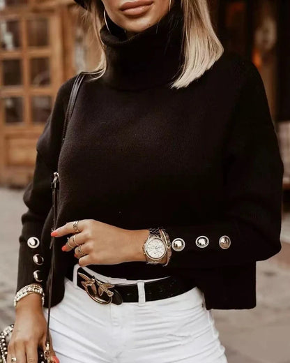 Women’s Ribbed High-Neck Knit Sweater with Decorative Sleeve Buttons
