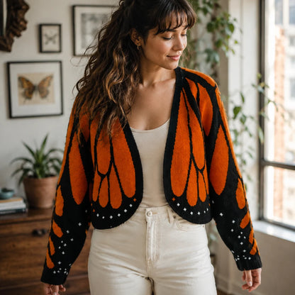 Women’s Orange and Black Butterfly Pattern Open-Front Knit Cardigan