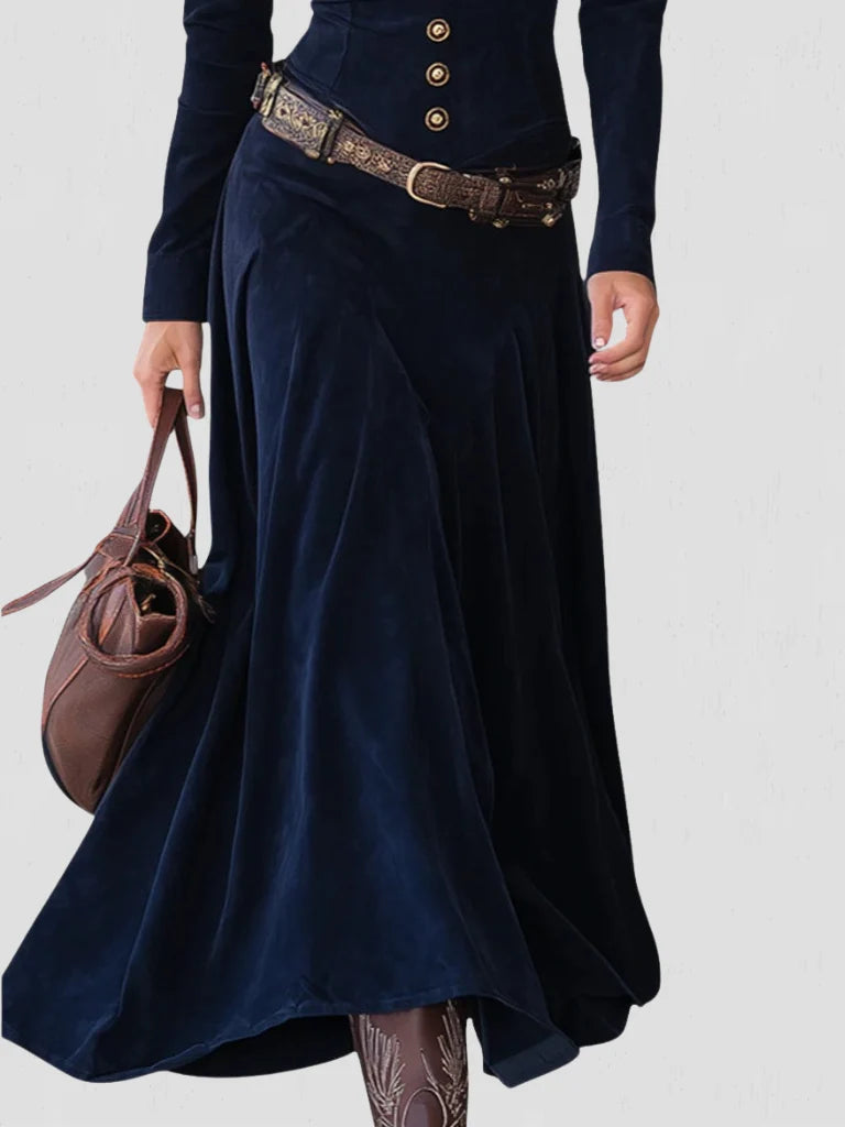 Women's Velvet-Touch Heritage Maxi Dress with Button-Front Design