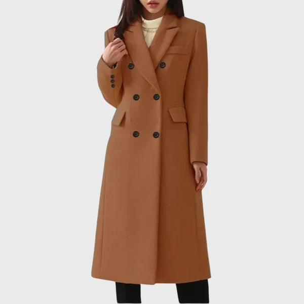 Women’s Long Tailored Wool Coat with Double-Breasted Front