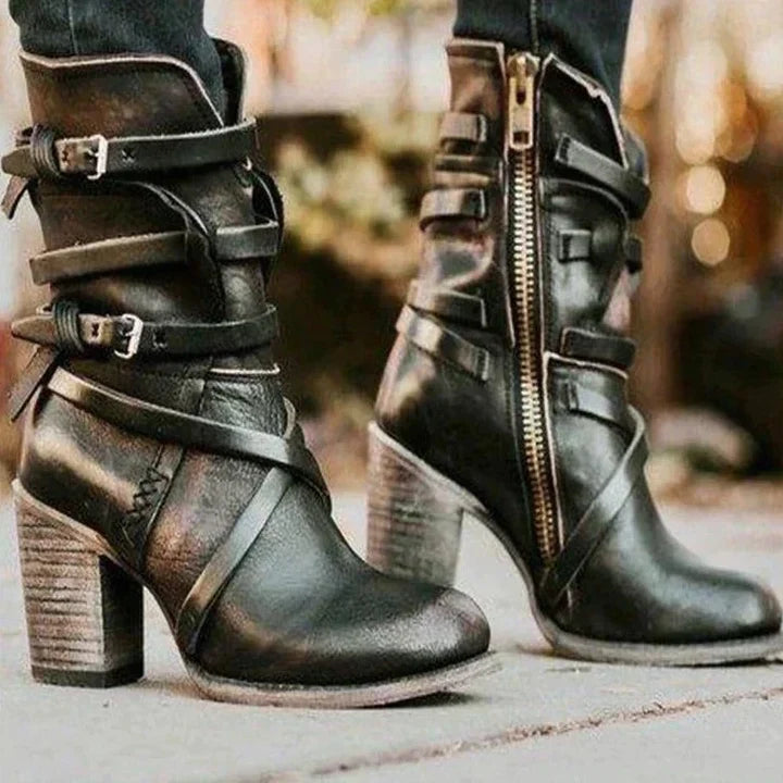 Women’s Suede Strappy Buckle Ankle Boots with Stacked Heel