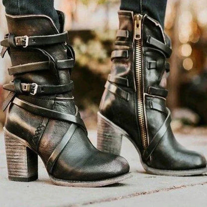 Women’s Suede Strappy Buckle Ankle Boots with Stacked Heel