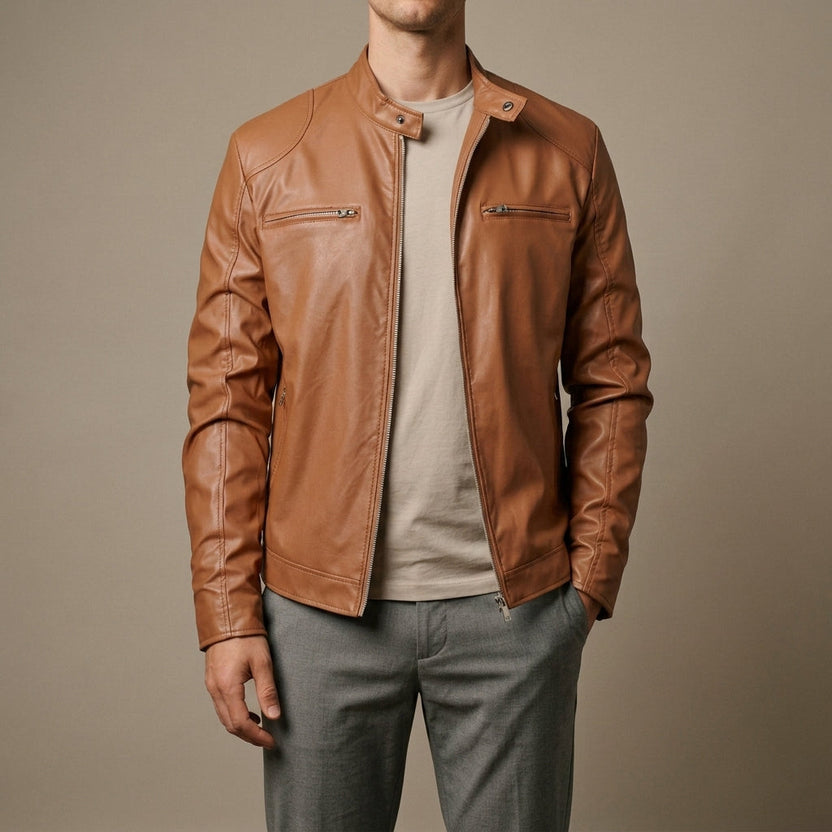 Men’s Stand-Collar Leather Moto Jacket with Zip Pockets