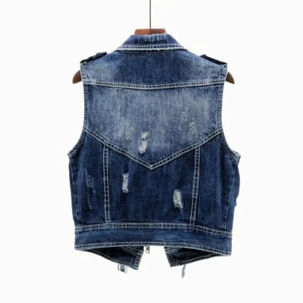 Women’s Distressed Cotton Denim Moto Vest with Asymmetric Zip