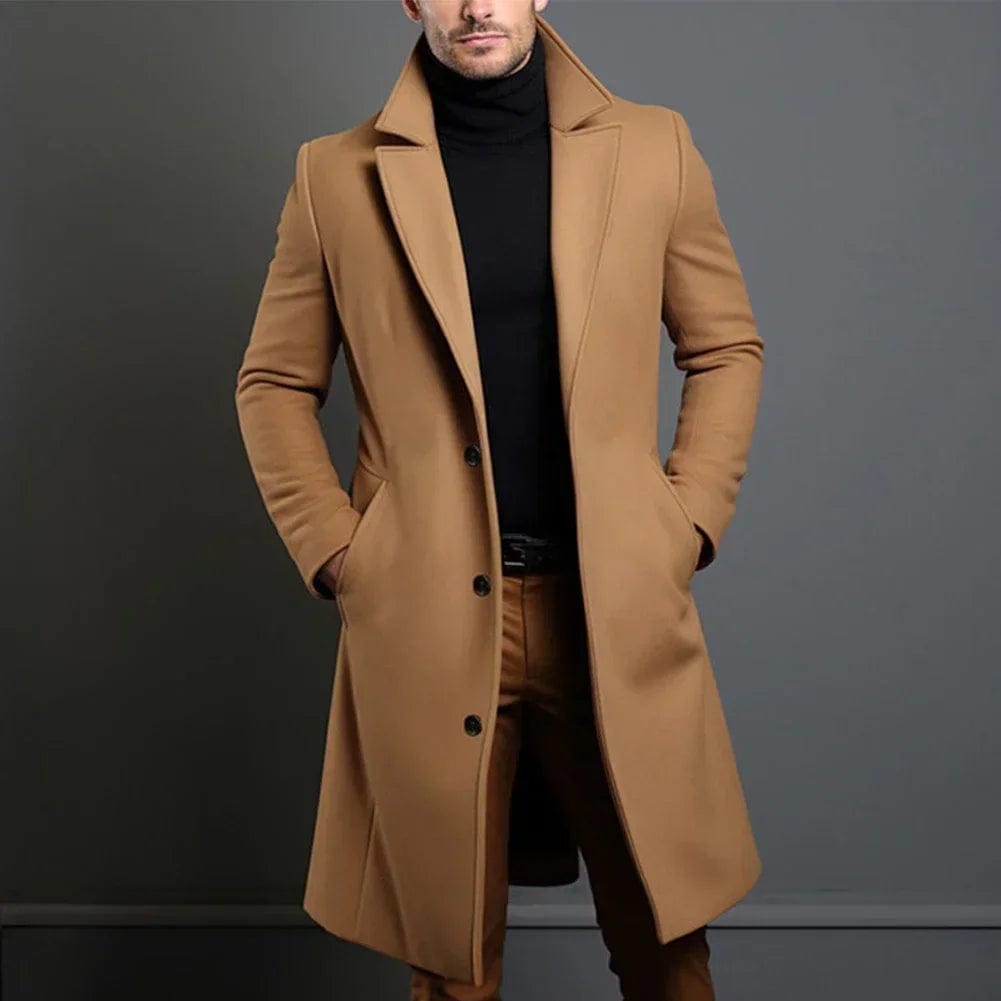 Men’s Long Tailored Wool-Blend Overcoat with Notch Lapels