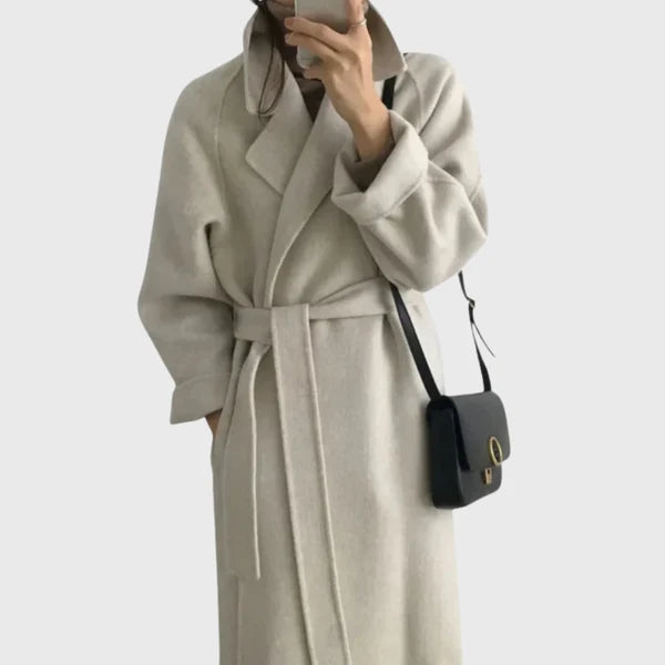 Women’s Longline Wool-Blend Coat with Adjustable Waist Belt