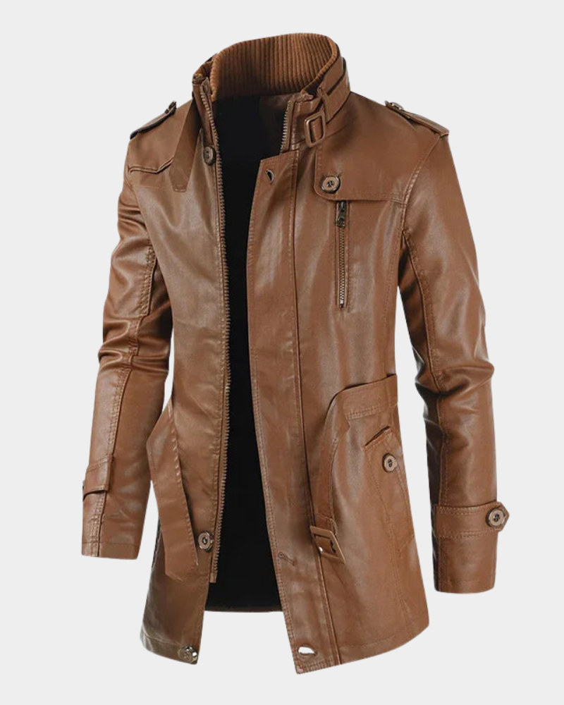 Men’s Longline Buckled Stand-Collar Biker Jacket
