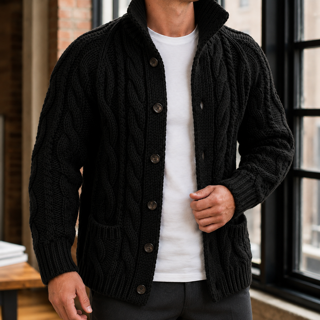 Men’s Chunky Braided Cable Knit Button Sweater