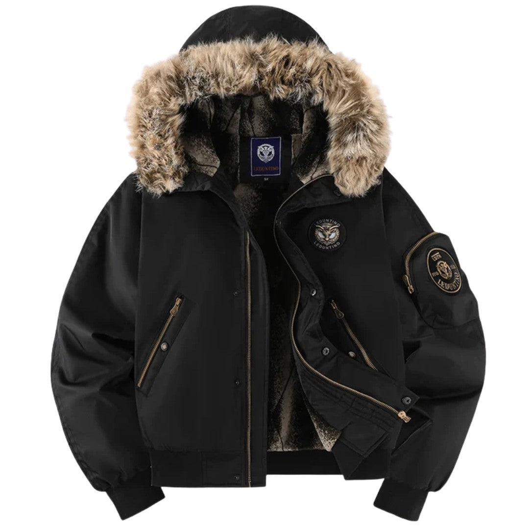 Men’s Quilted Bomber Jacket with Faux Fur-Trimmed Hood