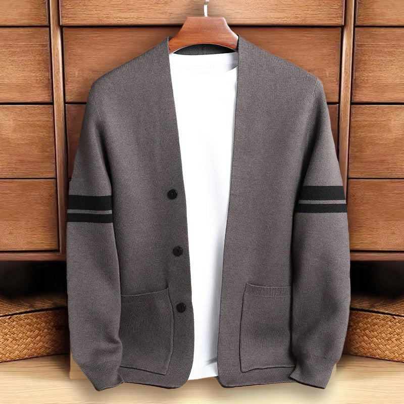 Men’s Striped Sleeve Button-Up Knit Cardigan