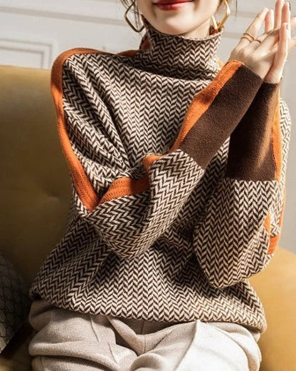 Women’s Geometric Print High-Neck Soft Knit Sweater