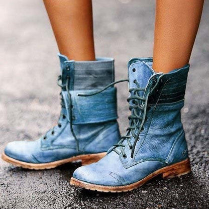 Women’s Vintage Lace-Up Combat Boots with Foldable Shaft