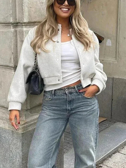 Women’s Cropped Bomber Jacket with Classic Button Closure and Relaxed Fit