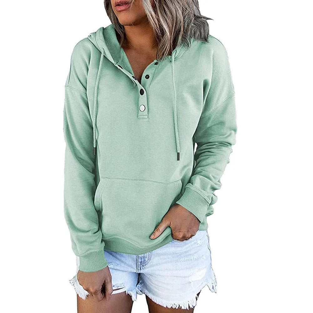Women’s Relaxed Button-Placket Hooded Pullover with Kangaroo Pocket
