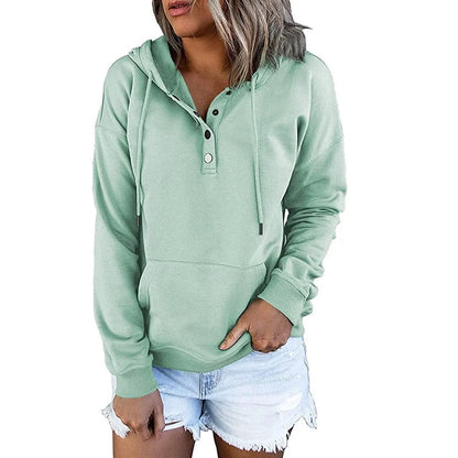 Women’s Relaxed Button-Placket Hooded Pullover with Kangaroo Pocket