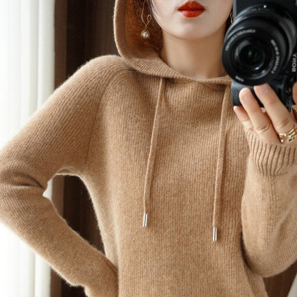 Women’s Relaxed Cashmere Knit Drawstring Hooded Pullover