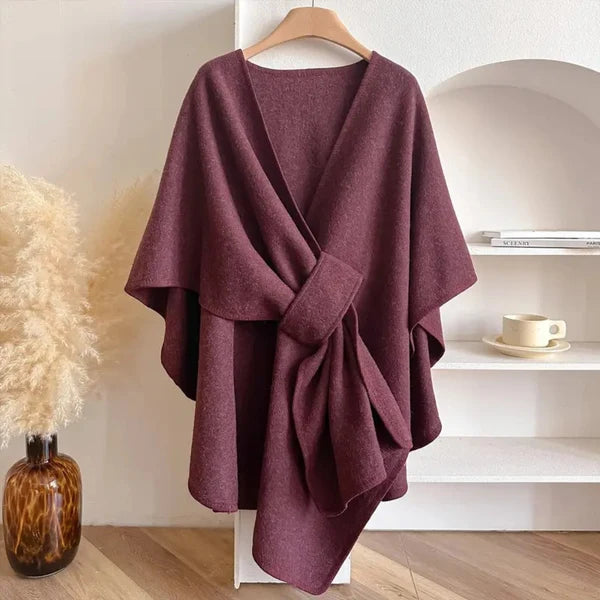 Women’s Windproof Belted Cape Coat with Draped Silhouette