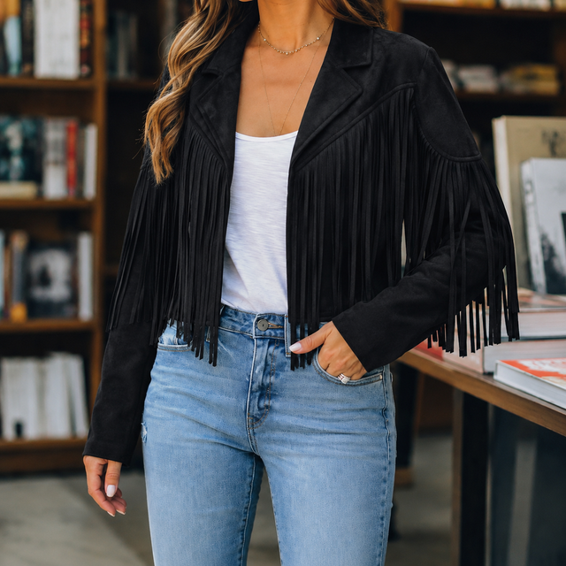 Women’s Cropped Fringe Jacket with Notched Lapels