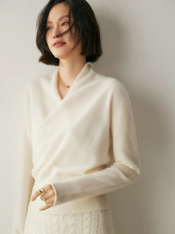 Women’s Crossover Neck Slim-Fit Knit Sweater with Ribbed Trim