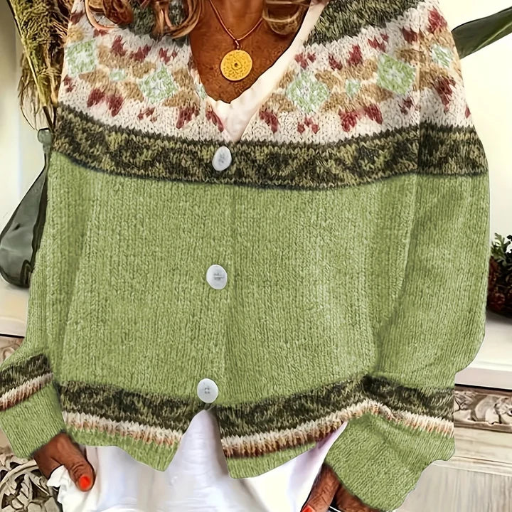 Women’s Fair Isle-Inspired Yoke V-Neck Button-Front Knit Cardigan