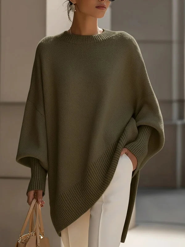 Women’s Oversized Draped Crew Neck Knit Sweater with Ribbed Cuffs