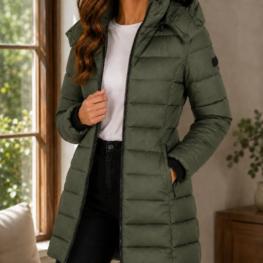 Women’s Fitted Longline Quilted Hooded Jacket
