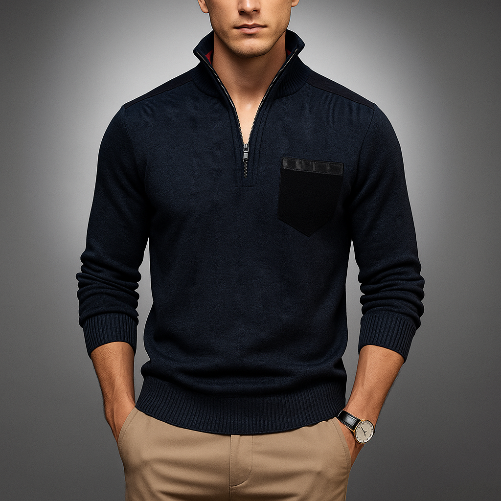 Men’s Contrast Panel Quarter-Zip High Collar Sweater