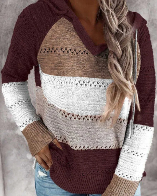 Women’s Striped Colorblock V-Neck Knit Hoodie with Raglan Sleeves