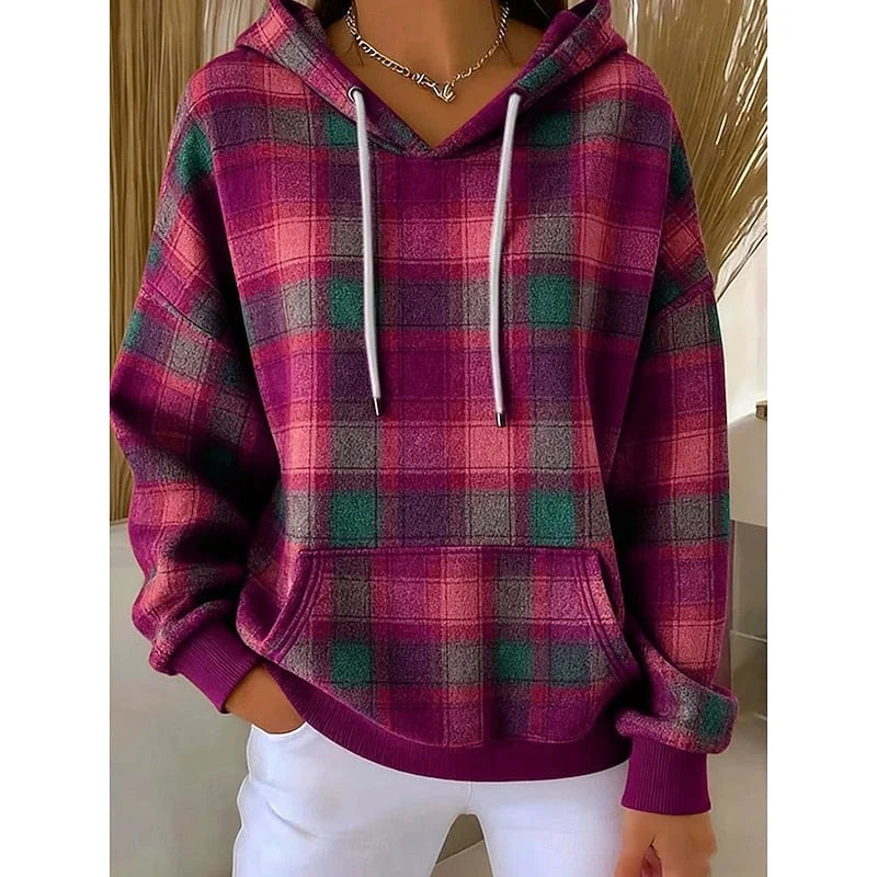 Women’s Oversized Plaid Hooded Pullover with Drawstring and Pocket