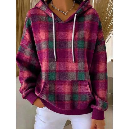 Women’s Oversized Plaid Hooded Pullover with Drawstring and Pocket