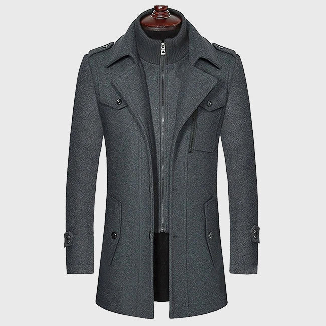 Men’s Longline Layered Stand-Collar Wool Blend Overcoat