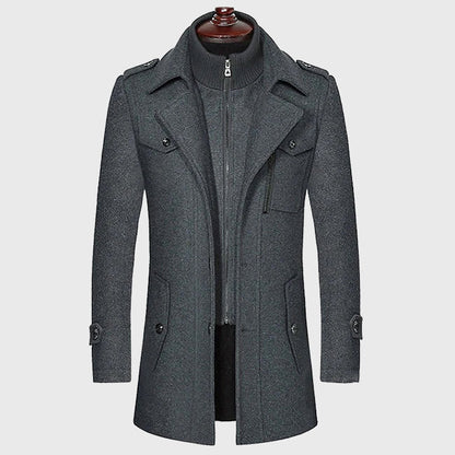 Men’s Longline Layered Stand-Collar Wool Blend Overcoat