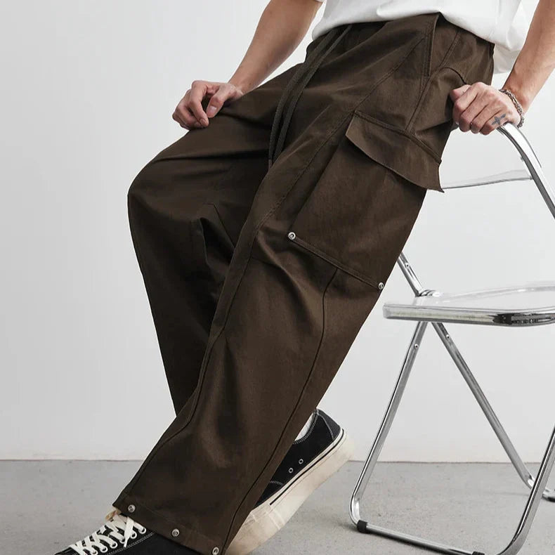 Men’s Wide-Leg Cotton Canvas Cargo Trousers with Flap Pockets