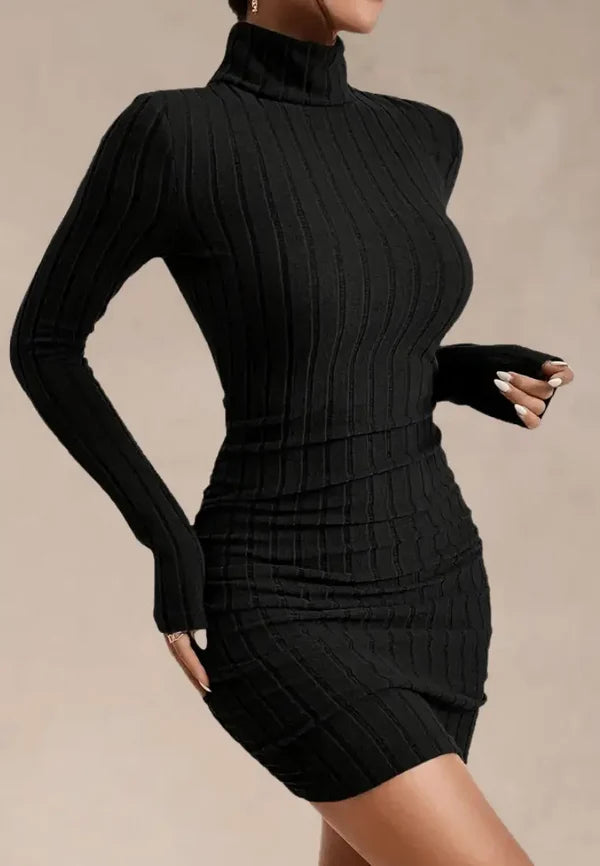 Women's Ribbed Knit Mini Dress with Turtleneck and Thumbhole Sleeves